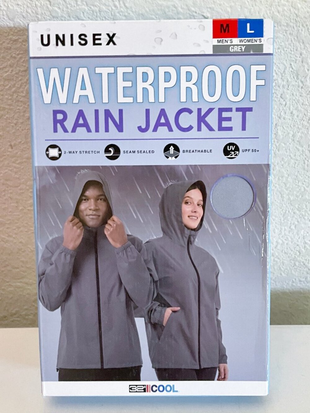 NEW 32 Degrees Cool Waterproof Rain Jacket Unisex Gray Mens M Womens L UPF 50+